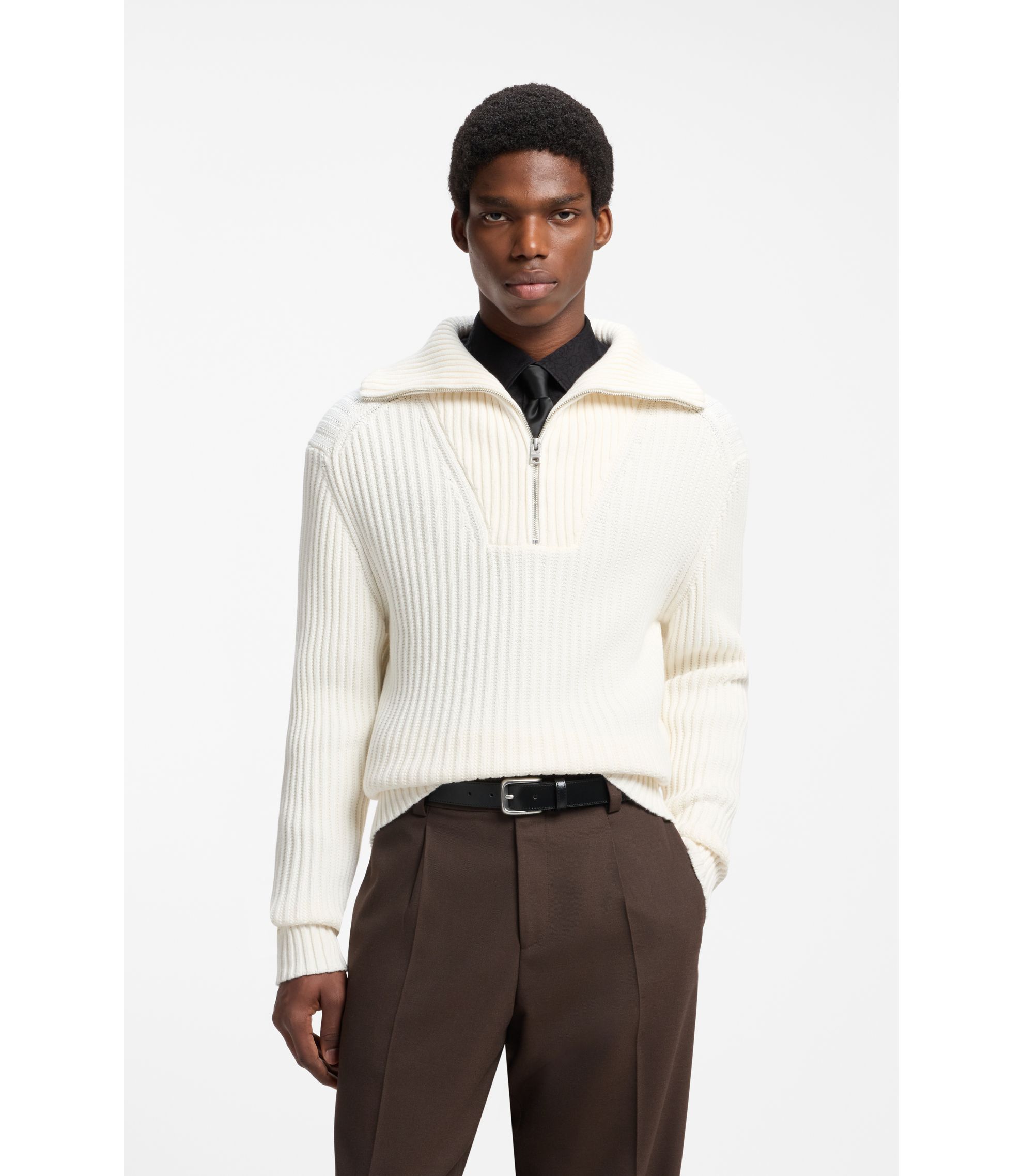 HUGO - Relaxed-fit sweater in ribbed cotton with zip neck - Natural