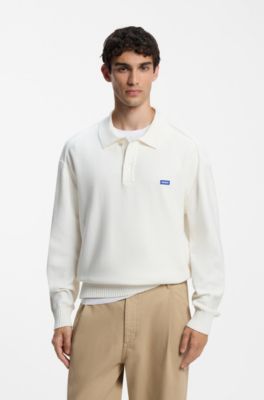 Oversized-fit polo sweater in cotton, Natural
