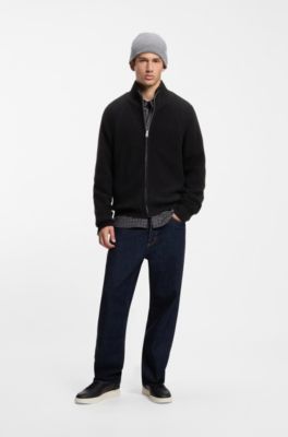 Zip-up relaxed-fit sweater in pure cotton, Black