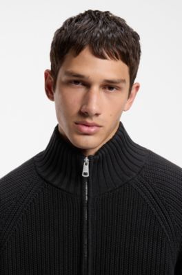 Zip-up relaxed-fit sweater in pure cotton, Black