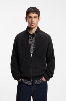 Zip-up relaxed-fit sweater in pure cotton, Black