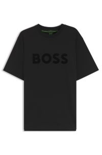 Tonal flock-logo T-shirt in stretch cotton, Black