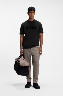 T-shirt in cotone elasticizzato con logo floccato tono su tono, Nero