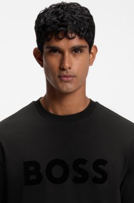 Tonal flock-logo T-shirt in stretch cotton, Black