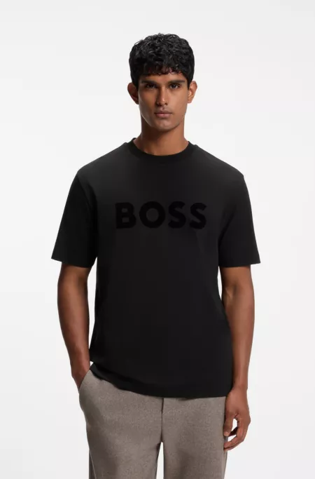 Tonal flock-logo T-shirt in stretch cotton