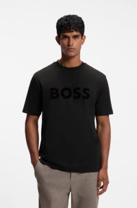 T-shirt in cotone elasticizzato con logo floccato tono su tono, Nero