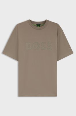 Tonal flock-logo T-shirt in stretch cotton, Light Brown
