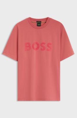 Tonal flock-logo T-shirt in stretch cotton, Light Red