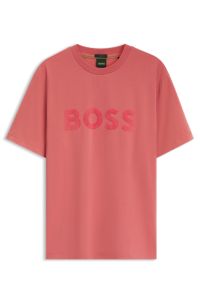 Tonal flock-logo T-shirt in stretch cotton, Light Red