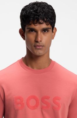 Tonal flock-logo T-shirt in stretch cotton, Light Red