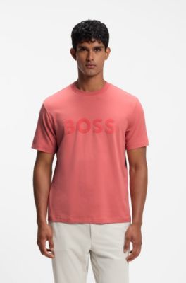Tonal flock-logo T-shirt in stretch cotton, Light Red