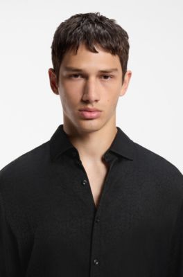 Slim-fit shirt in jacquard-pattern fabric, Black