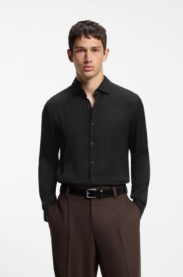 Slim-fit shirt in jacquard-pattern fabric, Black