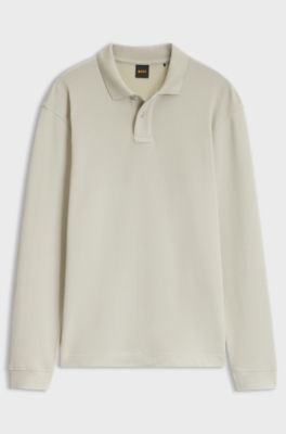 Cotton-blend polo shirt with waffle structure, Light Beige