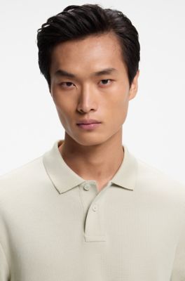 Cotton-blend polo shirt with waffle structure, Light Beige