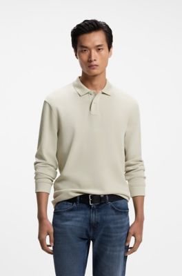 Cotton-blend polo shirt with waffle structure, Light Beige