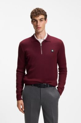 Structured polo sweater in a wool blend, Dark Red