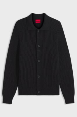 Cardigan in misto lana vergine con colletto a camicia, Nero