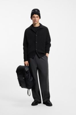 Cardigan in misto lana vergine con colletto a camicia, Nero