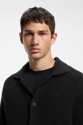 Cardigan in misto lana vergine con colletto a camicia, Nero