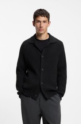 Cardigan in misto lana vergine con colletto a camicia, Nero