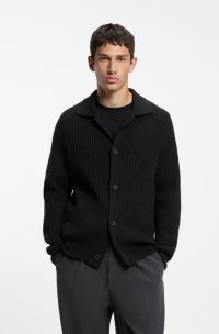 Virgin-wool-blend cardigan with shirt collar, Black