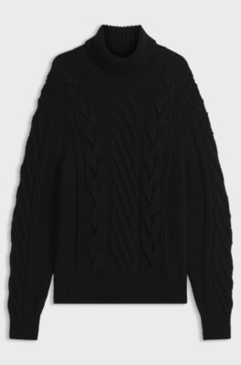 Oversized-fit rollneck sweater with cable knit, Black