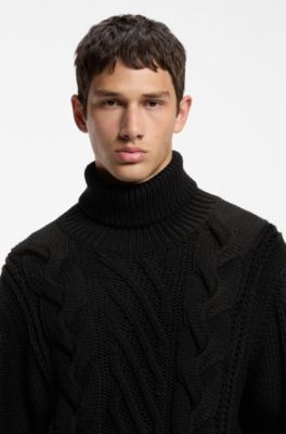 Oversized-fit rollneck sweater with cable knit, Black