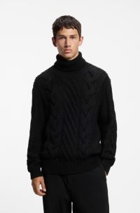Oversized-fit rollneck sweater with cable knit, Black