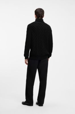 Oversized-fit rollneck sweater with cable knit, Black