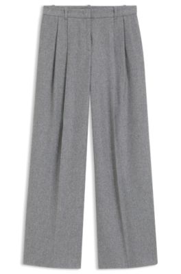 Wide-leg trousers in melange flannel with front pleats, Grey