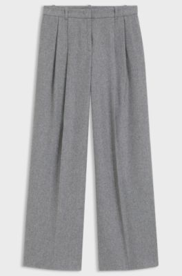 Wide-leg trousers in melange flannel with front pleats, Grey