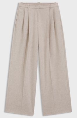 Wide-leg trousers in melange flannel with front pleats, Light Beige