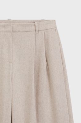 Wide-leg trousers in melange flannel with front pleats, Light Beige
