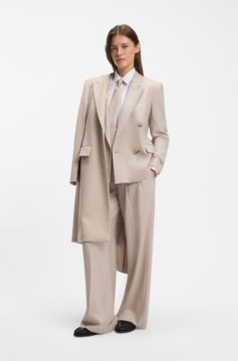 Broek met wijde pijpen van gem&ecirc;leerd flanel met voorplooien, Lichtbeige