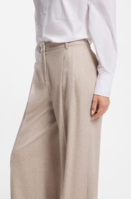Wide-leg trousers in melange flannel with front pleats, Light Beige
