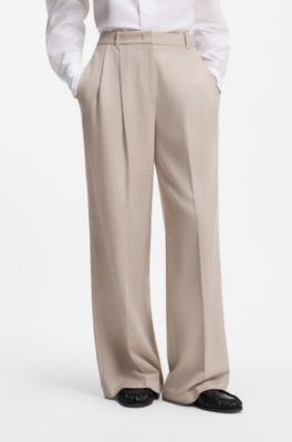 Wide-leg trousers in melange flannel with front pleats, Light Beige