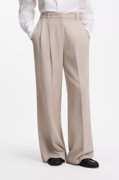 Wide-leg trousers in melange flannel with front pleats
