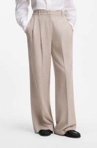 Wide-leg trousers in melange flannel with front pleats, Light Beige