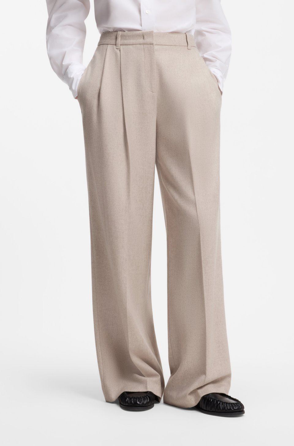 Wide-leg trousers in melange flannel with front pleats