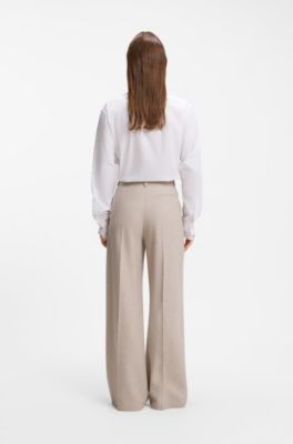 Wide-leg trousers in melange flannel with front pleats, Light Beige