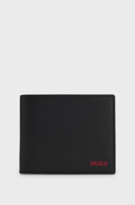 Portafoglio tri-fold in pelle con logo rosso, Nero