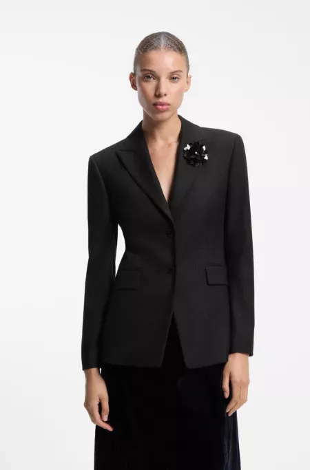 Regular-fit pinstripe blazer with sequin brooch
