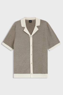 Short-sleeved cotton cardigan with a Cuban collar, Natural