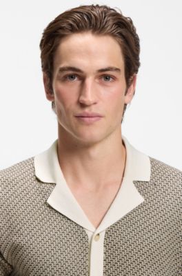 Short-sleeved cotton cardigan with a Cuban collar, Natural