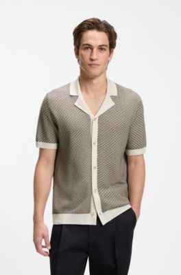 Short-sleeved cotton cardigan with a Cuban collar, Natural