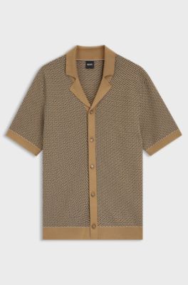Short-sleeved cotton cardigan with a Cuban collar, Beige