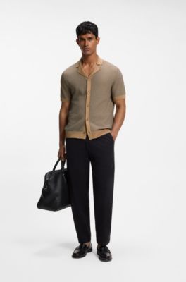 Short-sleeved cotton cardigan with a Cuban collar, Beige