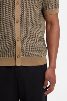 Short-sleeved cotton cardigan with a Cuban collar, Beige