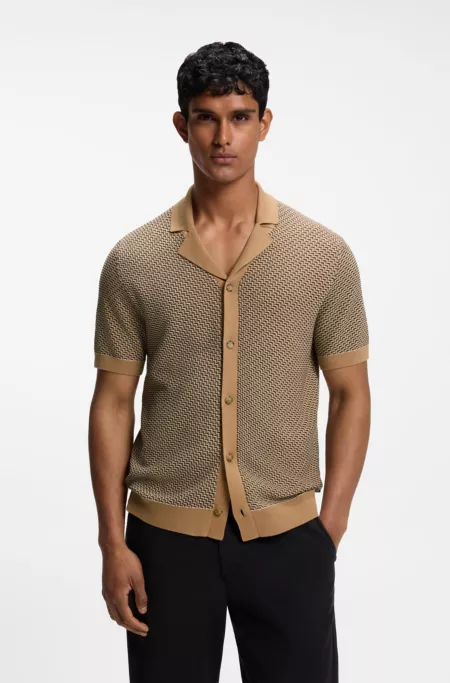 Short-sleeved cotton cardigan with a Cuban collar